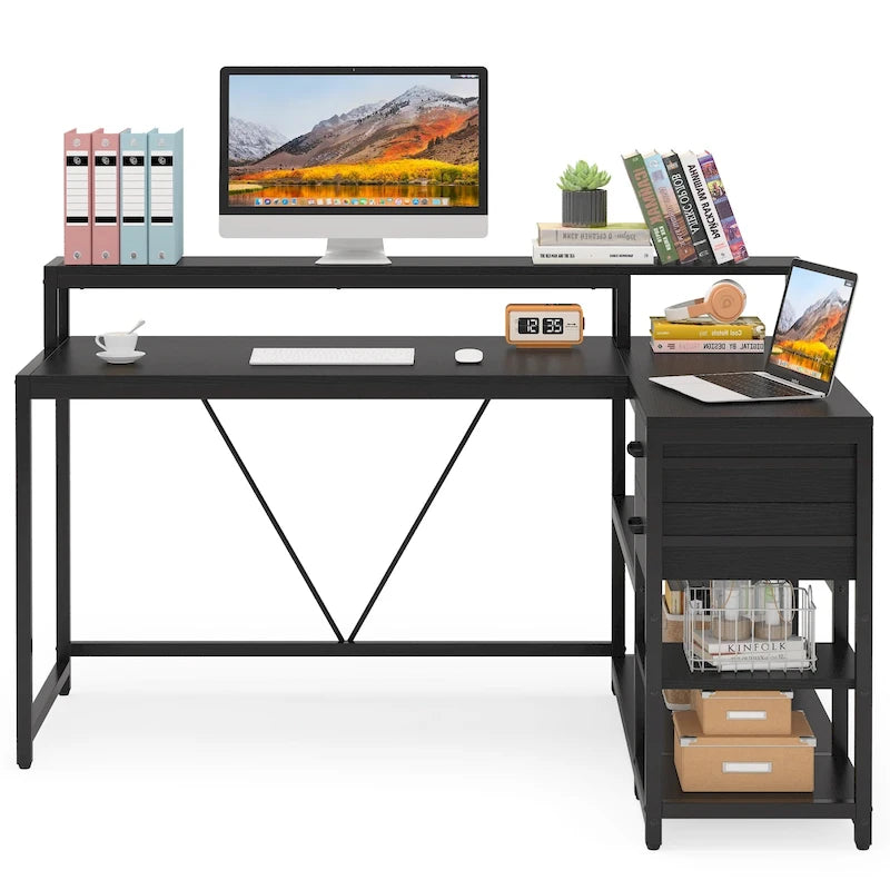 Bureau d'angle en L avec tiroir, bureau d'angle pour la maison avec étagères de rangement et support d'écran, bureau rustique pour petit espace