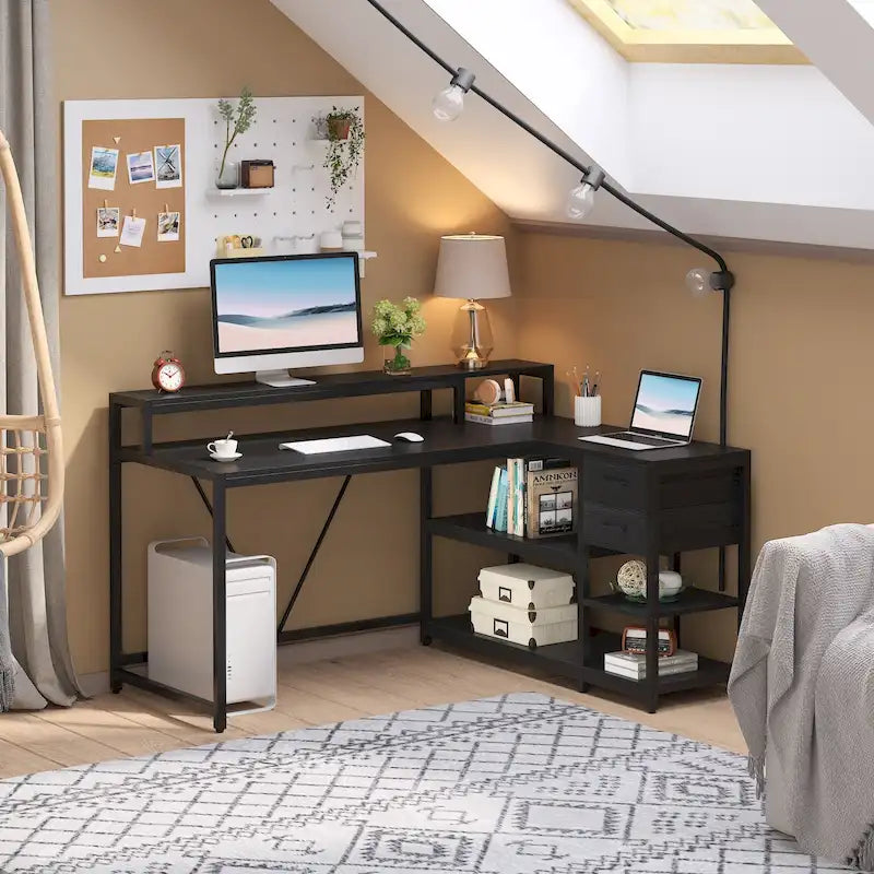 Bureau d'angle en L avec tiroir, bureau d'angle pour la maison avec étagères de rangement et support d'écran, bureau rustique pour petit espace