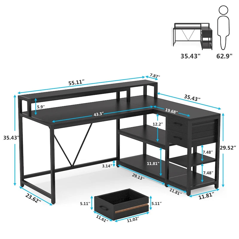 Bureau d'angle en L avec tiroir, bureau d'angle pour la maison avec étagères de rangement et support d'écran, bureau rustique pour petit espace