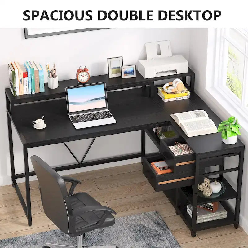 Bureau d'angle en L avec tiroir, bureau d'angle pour la maison avec étagères de rangement et support d'écran, bureau rustique pour petit espace