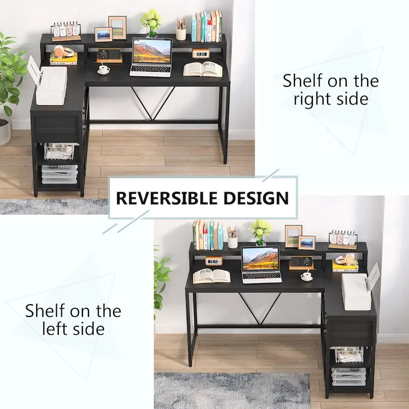 Bureau d'angle en L avec tiroir, bureau d'angle pour la maison avec étagères de rangement et support d'écran, bureau rustique pour petit espace