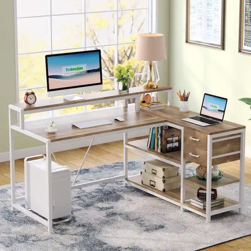 Bureau d'angle en L avec tiroir, bureau d'angle pour la maison avec étagères de rangement et support d'écran, bureau rustique pour petit espace
