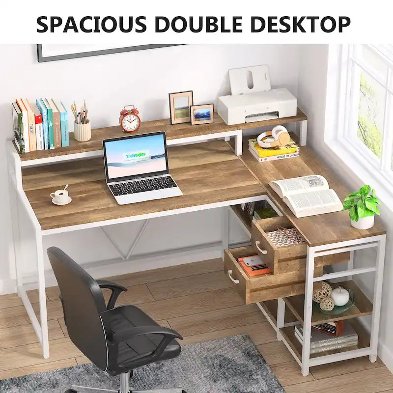Bureau d'angle en L avec tiroir, bureau d'angle pour la maison avec étagères de rangement et support d'écran, bureau rustique pour petit espace