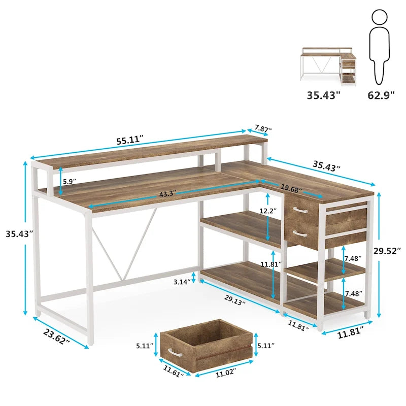 Bureau d'angle en L avec tiroir, bureau d'angle pour la maison avec étagères de rangement et support d'écran, bureau rustique pour petit espace