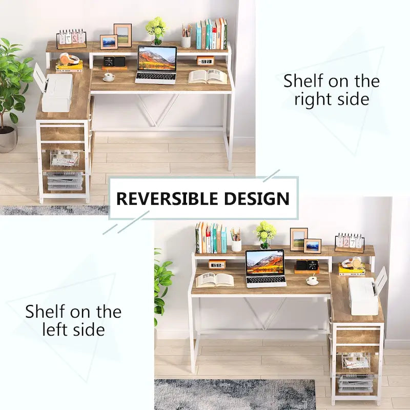 Bureau d'angle en L avec tiroir, bureau d'angle pour la maison avec étagères de rangement et support d'écran, bureau rustique pour petit espace