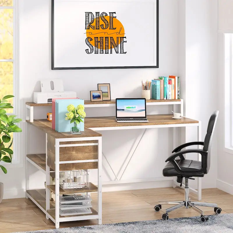 Bureau d'angle en L avec tiroir, bureau d'angle pour la maison avec étagères de rangement et support d'écran, bureau rustique pour petit espace