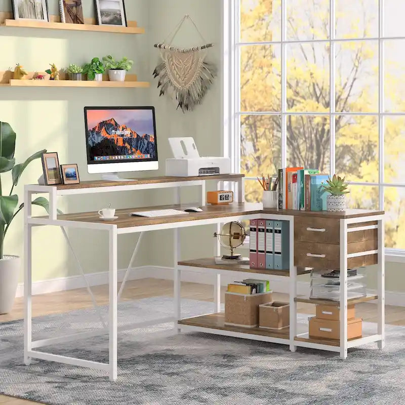 Bureau d'angle en L avec tiroir, bureau d'angle pour la maison avec étagères de rangement et support d'écran, bureau rustique pour petit espace