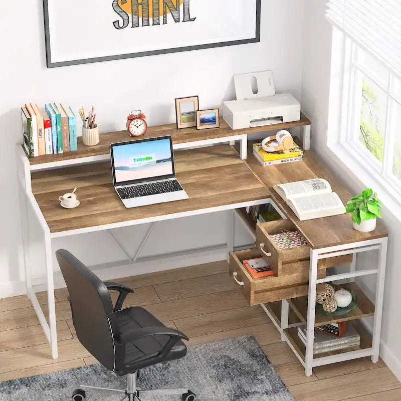 Bureau d'angle en L avec tiroir, bureau d'angle pour la maison avec étagères de rangement et support d'écran, bureau rustique pour petit espace