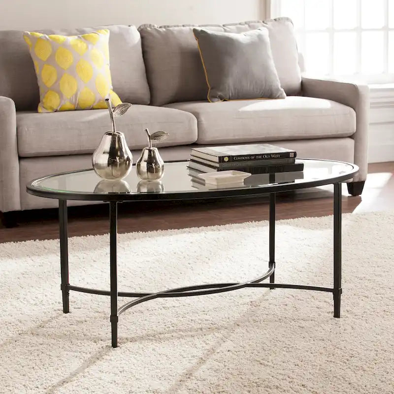  Quaker Matte Black Metal Oval Coffee Table with Glass Top
