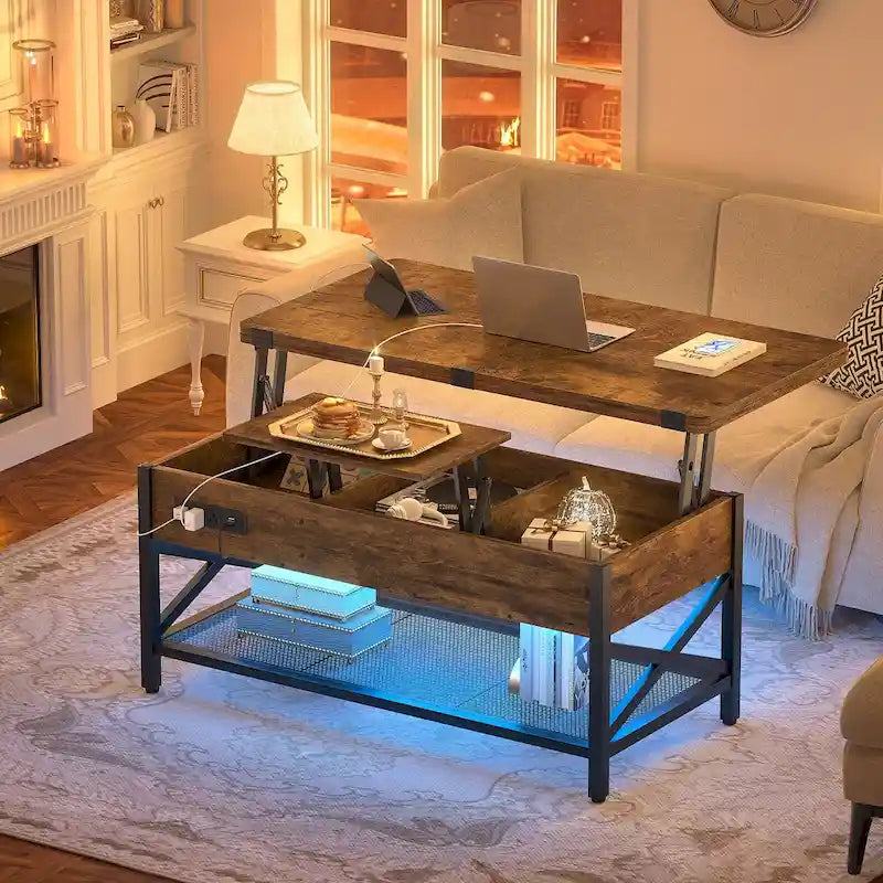 Table basse relevable et extensible transformable en table à manger avec lumière LED et prise de courant - 99,06 cm (L) X 105,99 cm (l) X 67,56 cm (H)