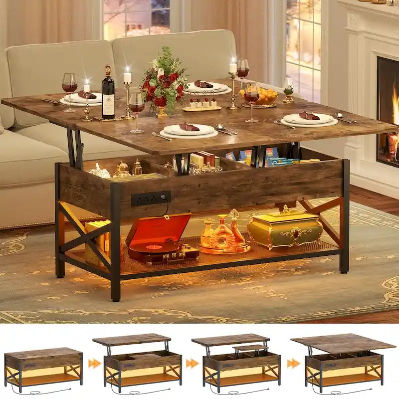 Table basse relevable et extensible transformable en table à manger avec lumière LED et prise de courant - 99,06 cm (L) X 105,99 cm (l) X 67,56 cm (H)