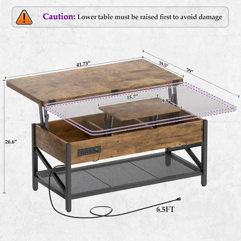 Table basse relevable et extensible transformable en table à manger avec lumière LED et prise de courant - 99,06 cm (L) X 105,99 cm (l) X 67,56 cm (H)