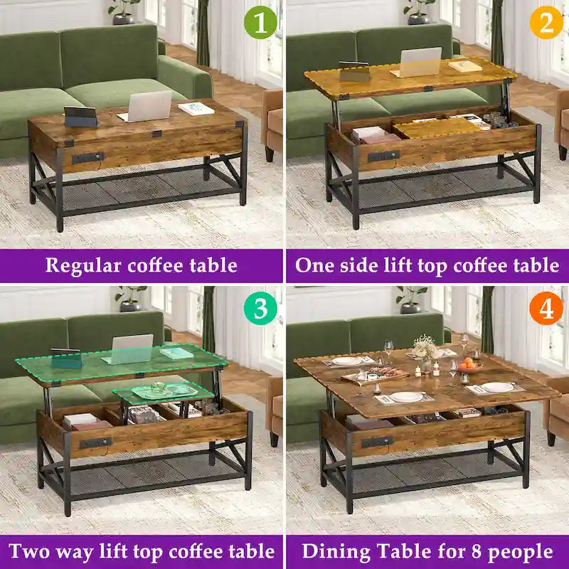 Table basse relevable et extensible transformable en table à manger avec lumière LED et prise de courant - 99,06 cm (L) X 105,99 cm (l) X 67,56 cm (H)