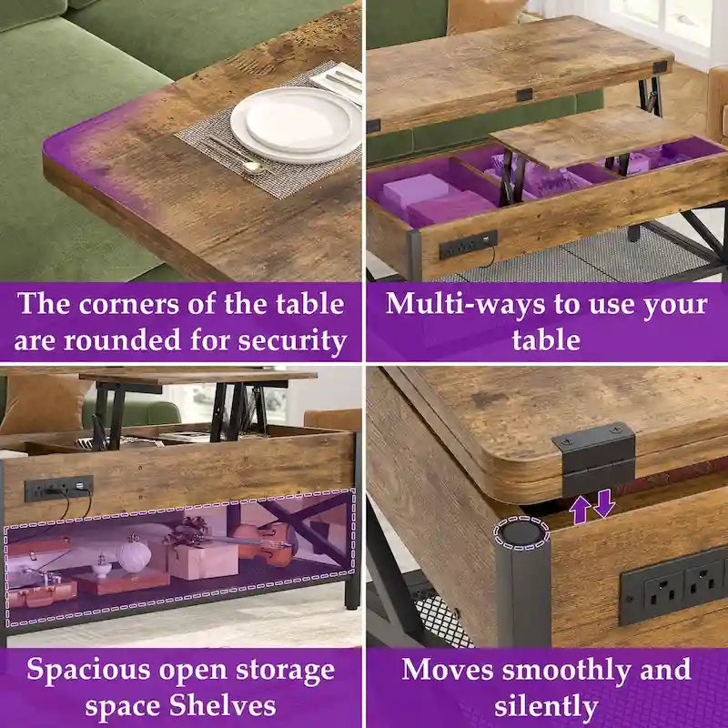 Table basse relevable et extensible transformable en table à manger avec lumière LED et prise de courant - 99,06 cm (L) X 105,99 cm (l) X 67,56 cm (H)