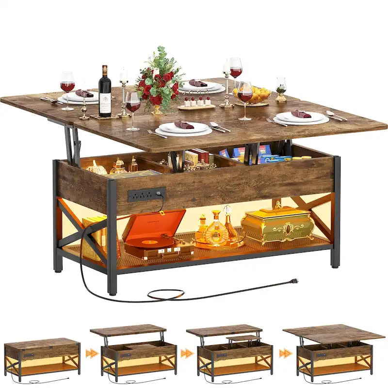 Table basse relevable et extensible transformable en table à manger avec lumière LED et prise de courant - 99,06 cm (L) X 105,99 cm (l) X 67,56 cm (H)