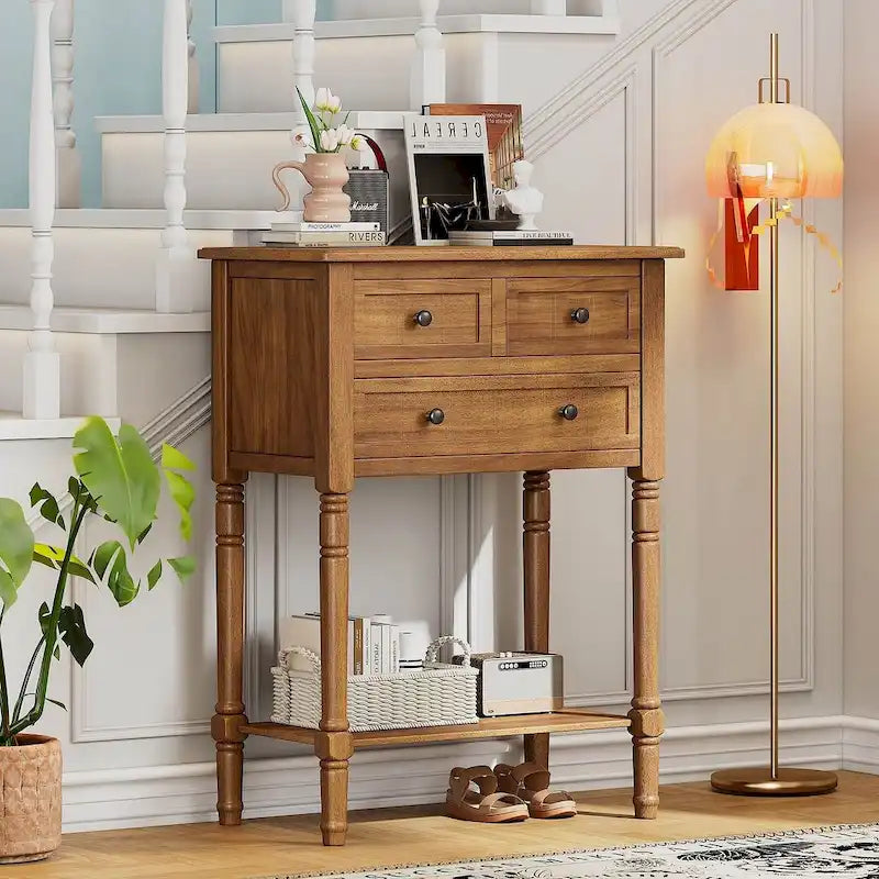 Console de ferme en bois massif de 23,7 po avec 3 tiroirs et étagère inférieure