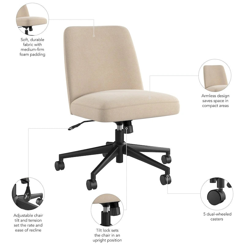 Chaise de bureau sans accoudoirs à dossier mi-haut et roulettes