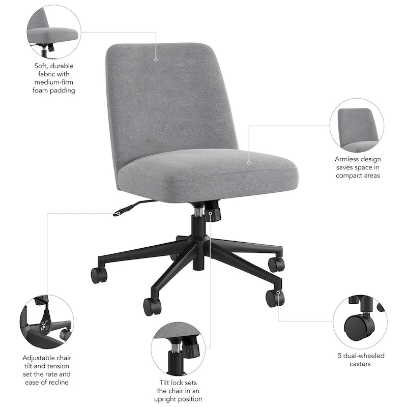 Chaise de bureau sans accoudoirs à dossier mi-haut et roulettes